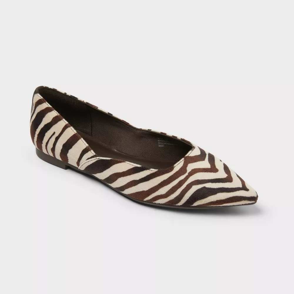 A New Day Serena Velvet Flats Womens 6.5 Brown Cream Zebra Print Pointed Toe